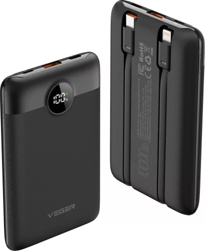 Veger C11 (W1170) PD QC3.0 2A 22,5W 10000 mAh Power Bank beépített kábellel USB C / Lightning fekete