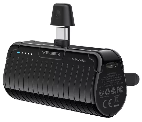 Veger PlugOn (W0558) PD QC3.0 3A 20W 5000 mAh Power Bank beépített C típusú csatlakozóval, fekete
