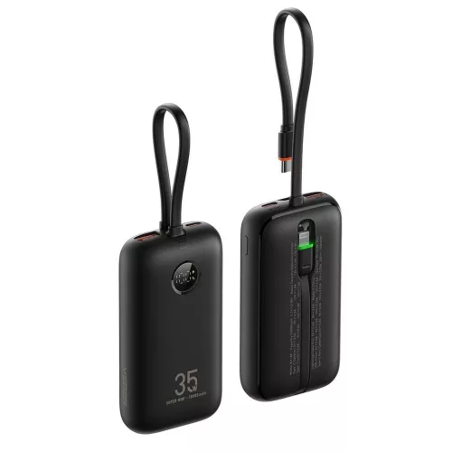 Veger K1 (W1188) PD QC3.0 35W 10000 mAh Power Bank beépített C típusú kábellel / Lightning fekete